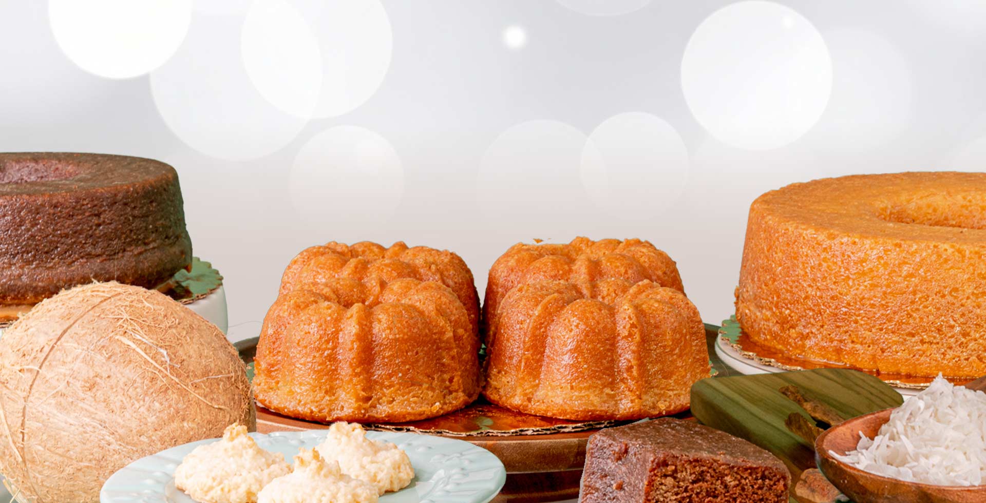 Assorted cakes and pastries on a white background