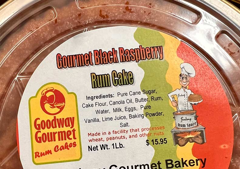 Goodway Gourmet Rum Cakes label for Gourmet Black Raspberry Rum Cake with colorful design and text.