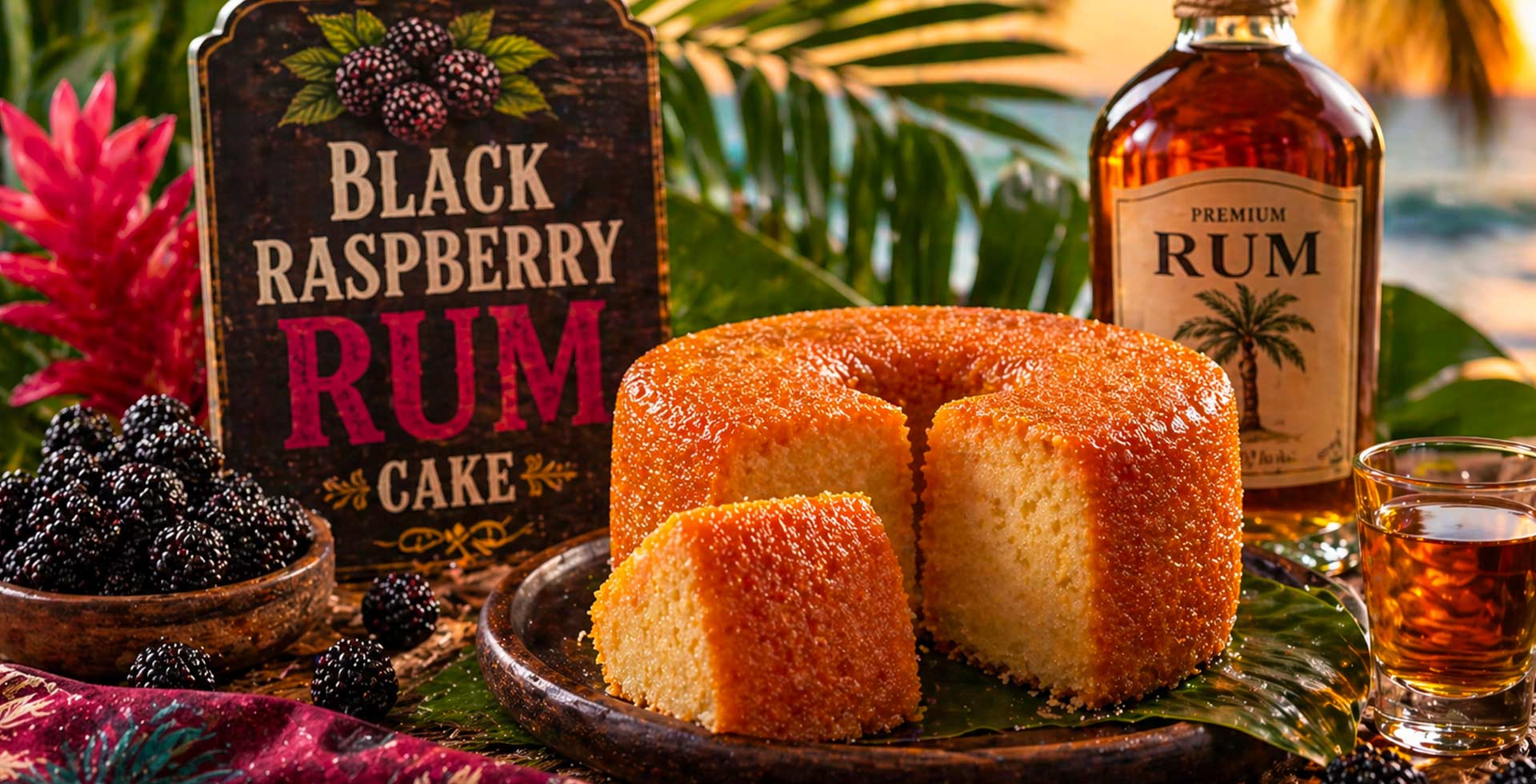 Black Raspberry Rum Cake with a bottle of rum and a glass on a decorative background
