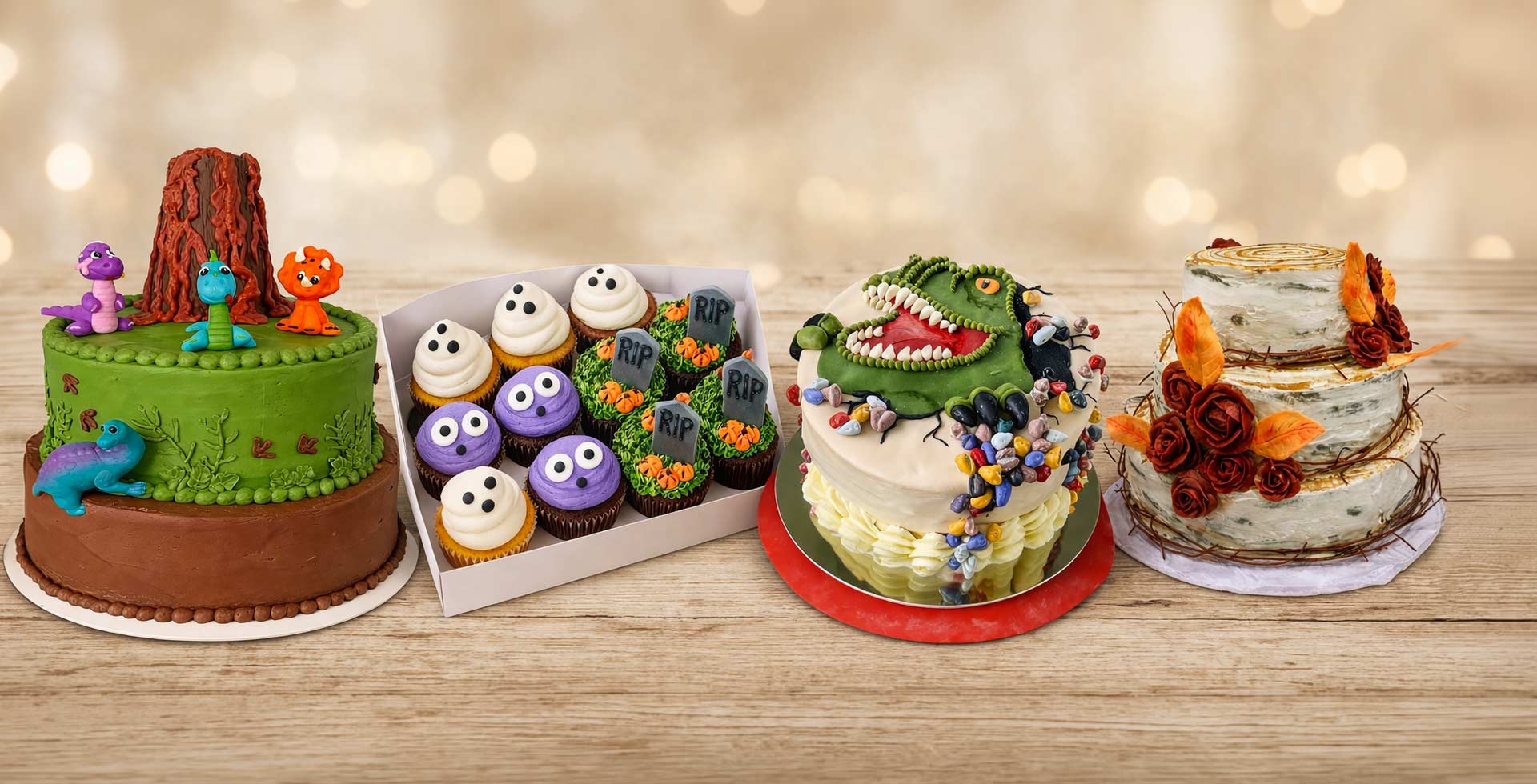 Collection of creatively decorated cakes and cupcakes on a wooden surface with a blurred light background.