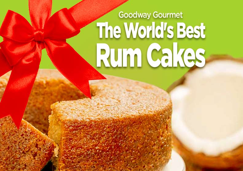 Goodway Gourmet rum cakes with a red bow on a green background