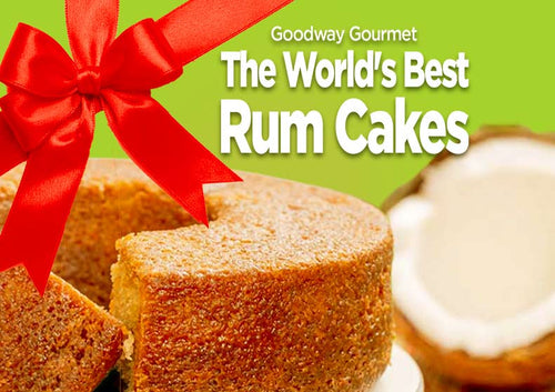 Goodway Gourmet rum cakes with a red bow on a green background