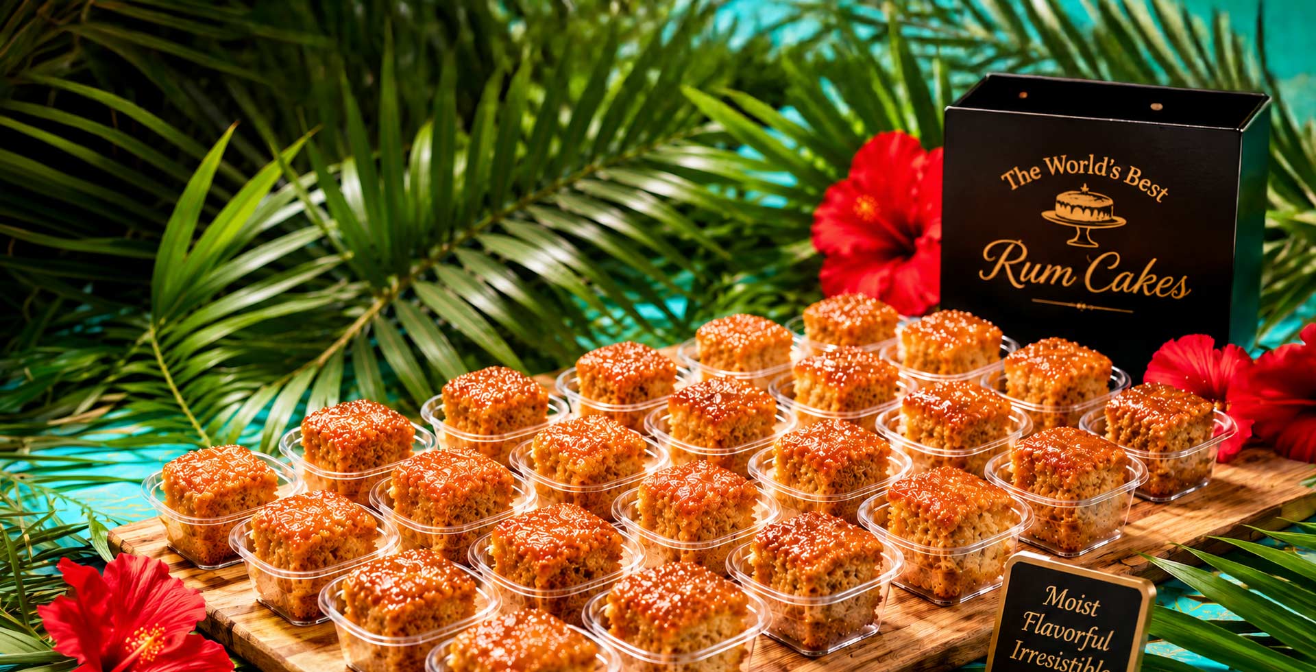 a group of rum cake samples ona table surrounded by caribbean flowers and leaves