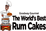Goodway Gourmet logo with a chef holding a cake and pot of rum sauce, text 'The World's Best Rum Cakes'.