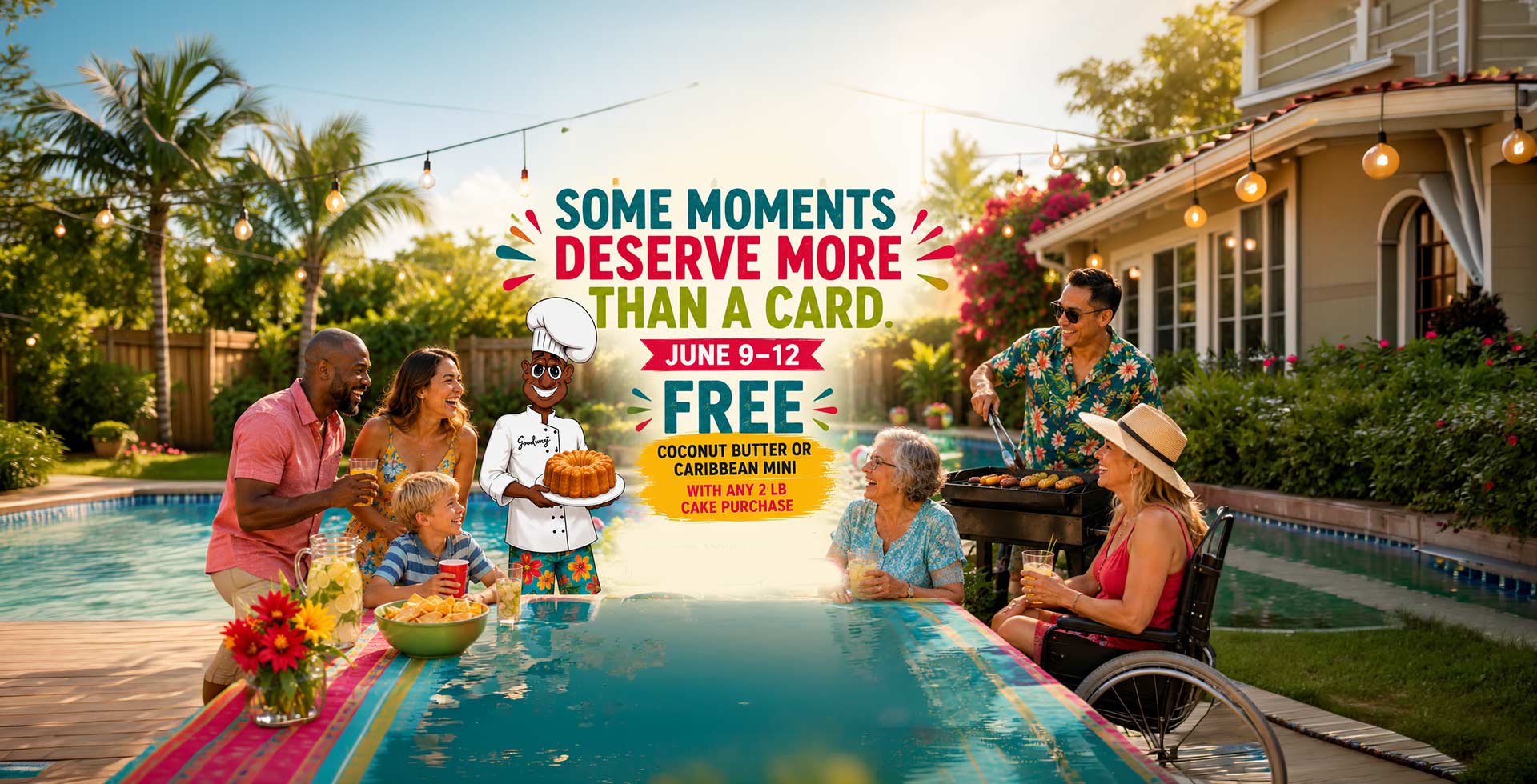 Family gathering by a pool with promotional text overlay