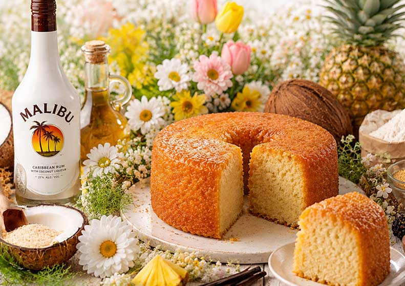 malibu rum cake with floral decorations and coconuts