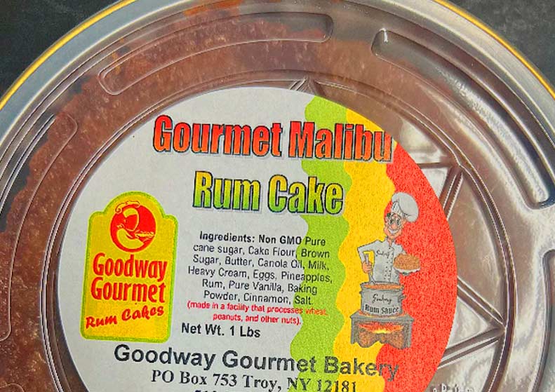 Goodway Gourmet Malibu Rum Cake packaging with label on a reflective surface