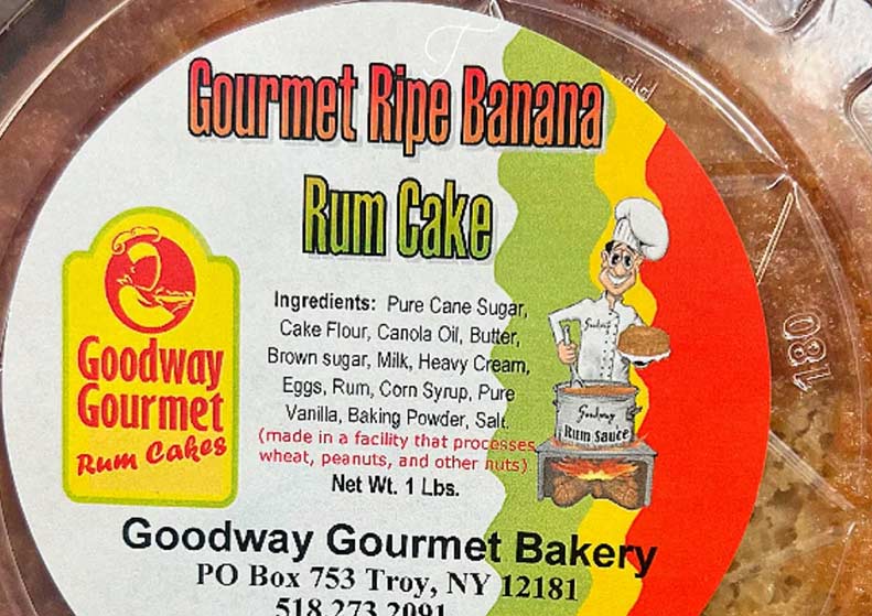 Goodway Gourmet Rum Cakes Ripe Banana label with cartoon chef and cake illustration