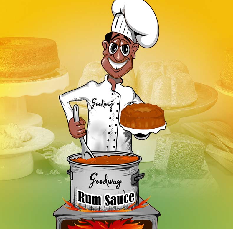 Cartoon chef holding a cake with 'Goodway Rum Sauce' branding